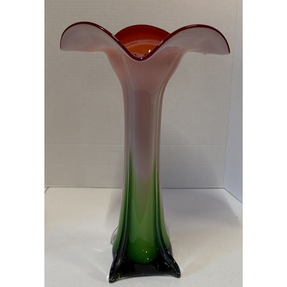 VINTAGE MURANO STYLE JACK IN THE PULPIT 14.5" HAND BLOWN GLASS VASE